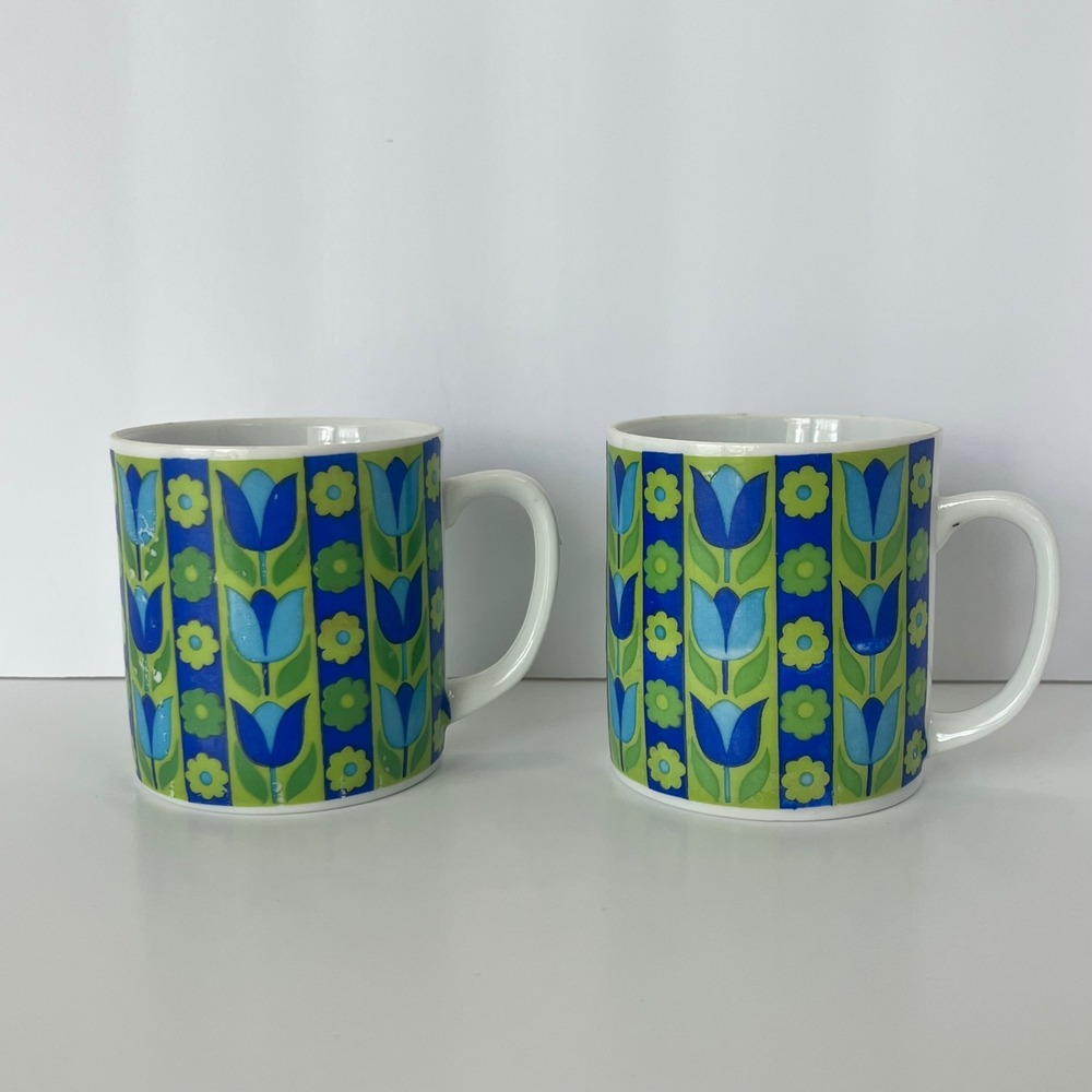 Vintage Retro 70s Style Blue Green Floral Tulip Ceramic‎ Coffee Mugs Set of 2